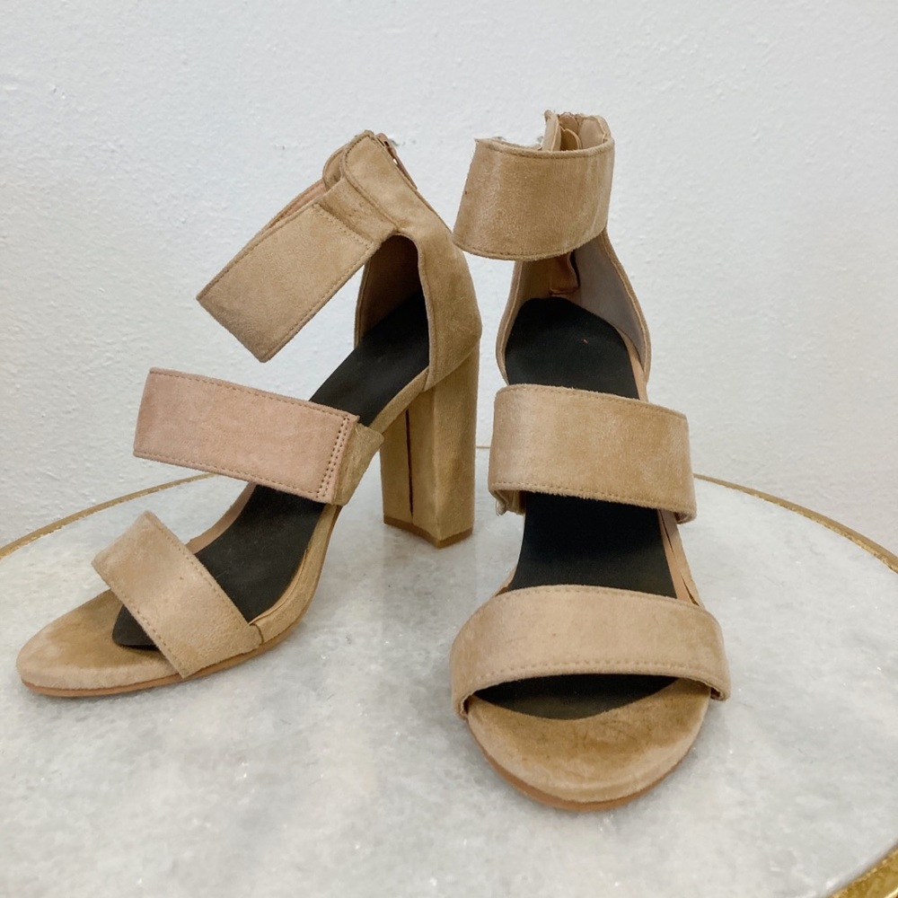 Tan Suede Block Heels with straps